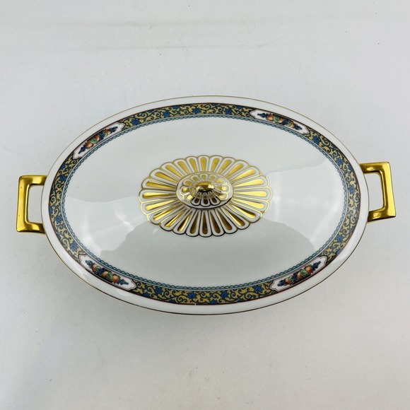 Thomas Bavaria Harvest Oval Covered Vegetable Dish Fruit Blue Scrolls Gold Rim - Picture 5 of 12